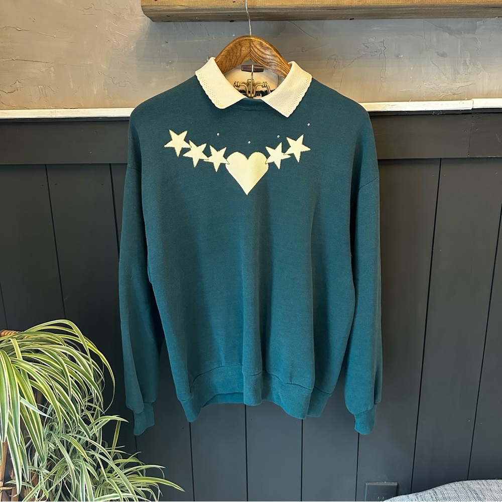 Vintage Jerzees Teal Star‎ and Hearts Design Collar Grandmacore Top size XL
